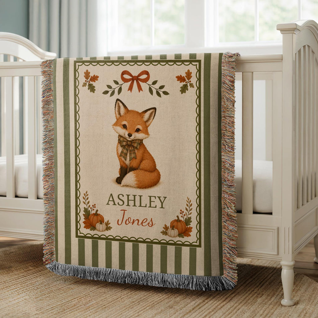 Personalized Fall Fox Baby Woven Blanket, Custom Name Striped Blanket, Autumn Woodland Nursery Decor, Keepsake Tapestry, Baby Shower Gift