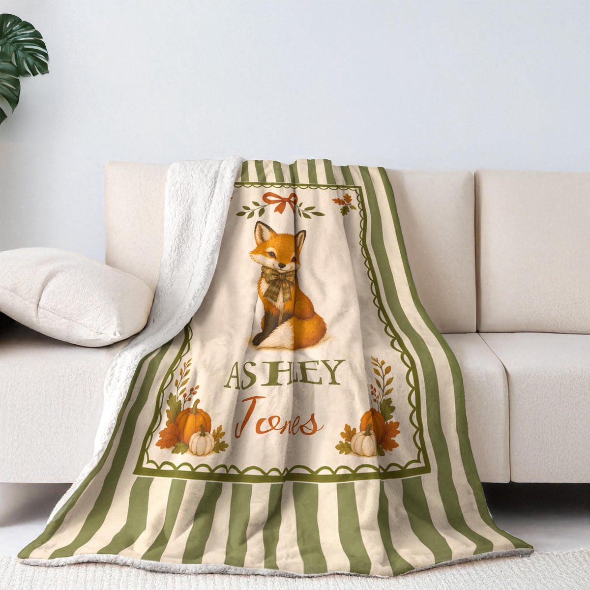 Personalized Fall Fox Baby Woven Blanket, Custom Name Striped Blanket, Autumn Woodland Nursery Decor, Keepsake Tapestry, Baby Shower Gift
