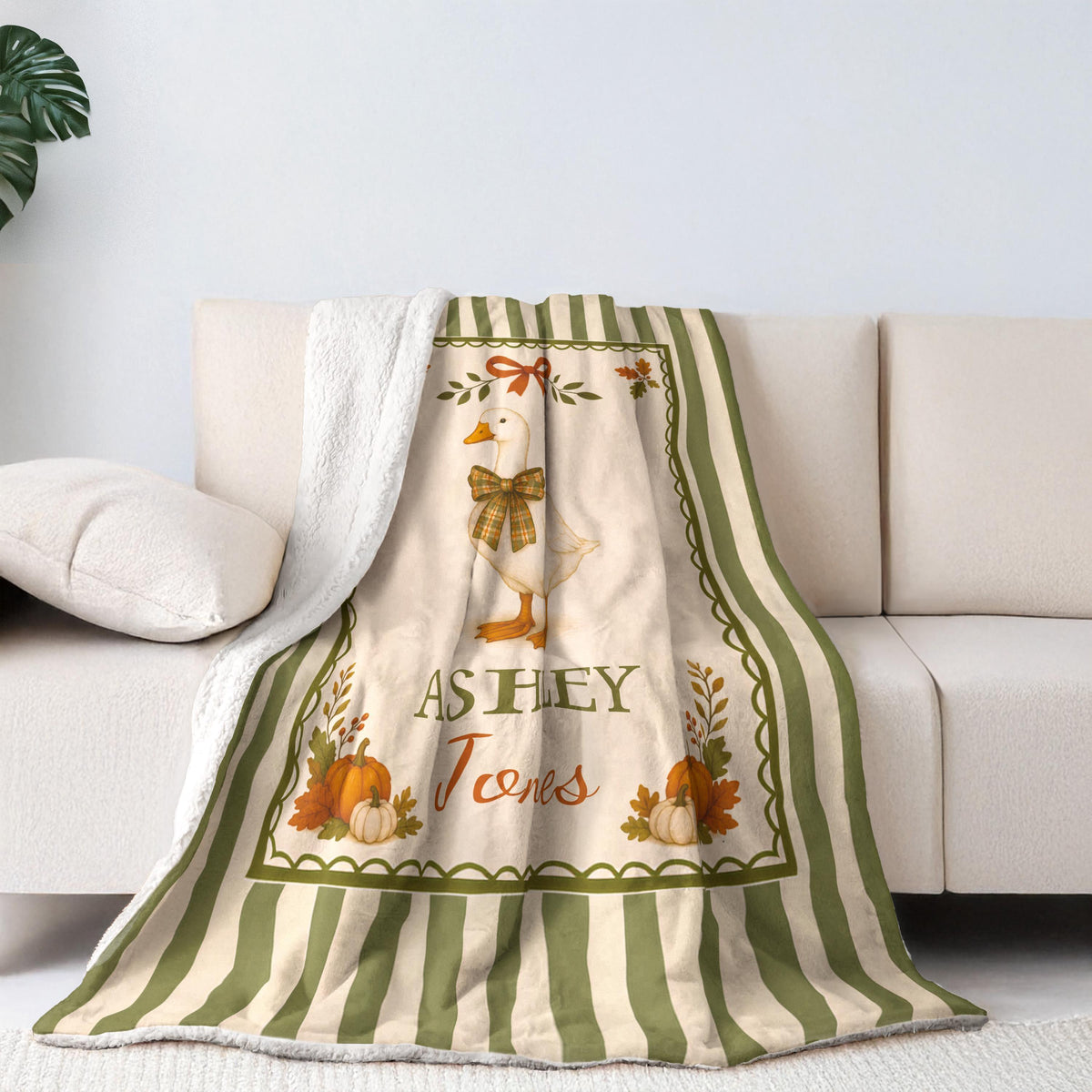 Personalized Fall Goose Baby Woven Blanket, Custom Name Striped Blanket, Autumn Woodland Nursery Decor, Keepsake Tapestry, Baby Shower Gift