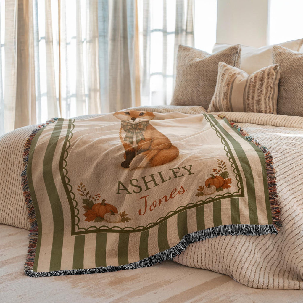 Personalized Fall Fox Baby Woven Blanket, Custom Name Striped Blanket, Autumn Woodland Nursery Decor, Keepsake Tapestry, Baby Shower Gift