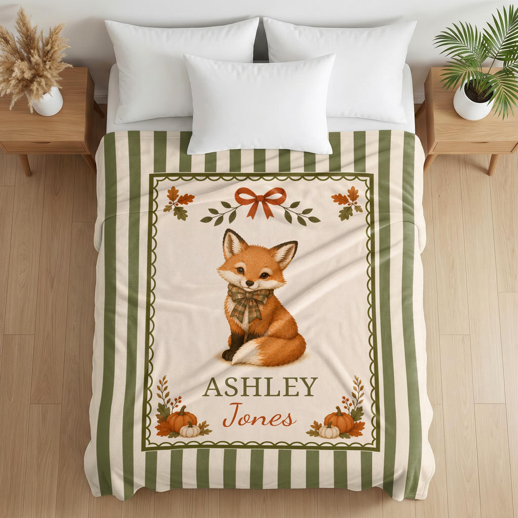 Personalized Fall Fox Baby Woven Blanket, Custom Name Striped Blanket, Autumn Woodland Nursery Decor, Keepsake Tapestry, Baby Shower Gift