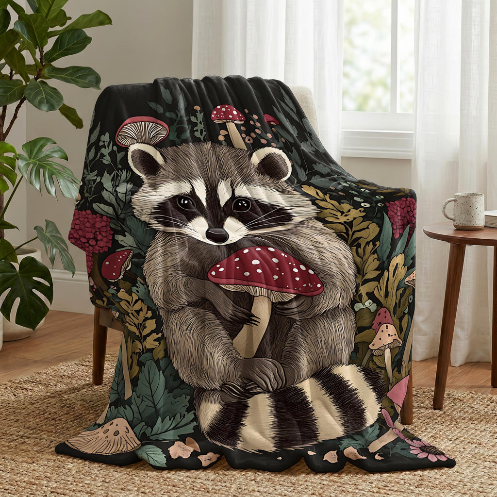 Raccoon Mushroom Woven Blanket Gift, Woodland Forest Throw Blanket, Racoon Lover Blanket, Cottagecore Racoon Tapestry, Woodland Home Decor