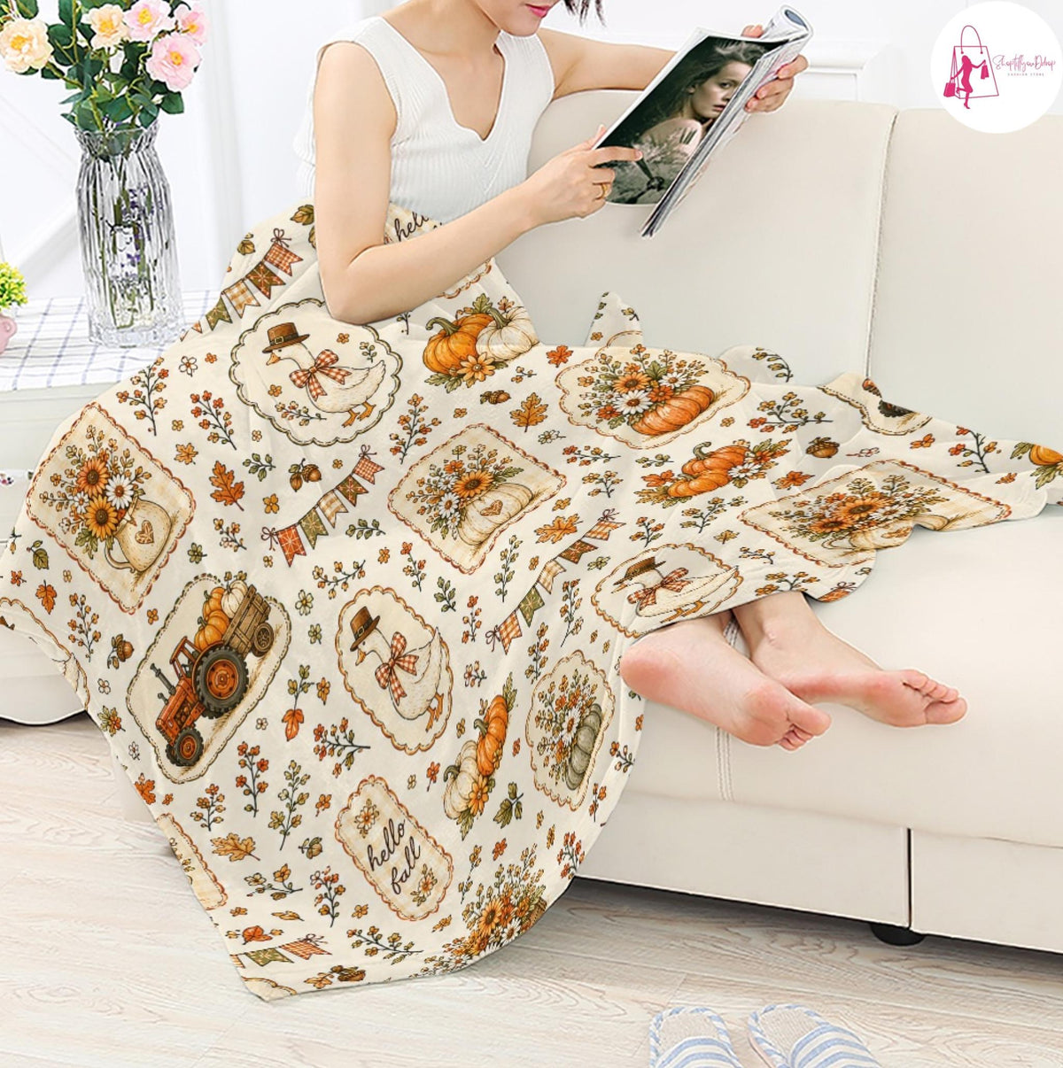 Goose Fall Blanket, Hello Fall Cottagecore Throw Blanket, Vintage Pumpkin Floral Cozy Blanket, Farmhouse Autumn Home Decor Gift
