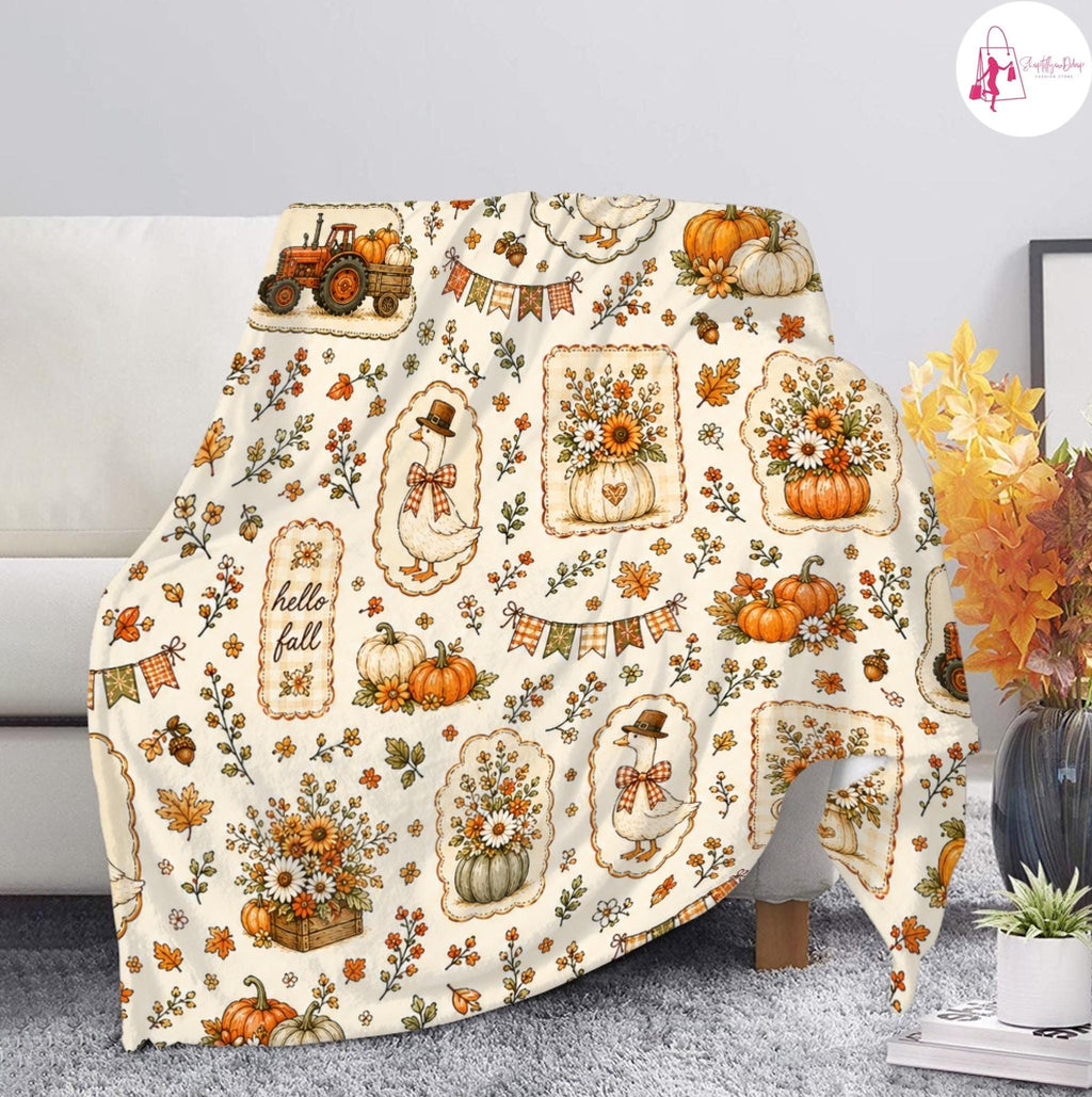 Goose Fall Blanket, Hello Fall Cottagecore Throw Blanket, Vintage Pumpkin Floral Cozy Blanket, Farmhouse Autumn Home Decor Gift