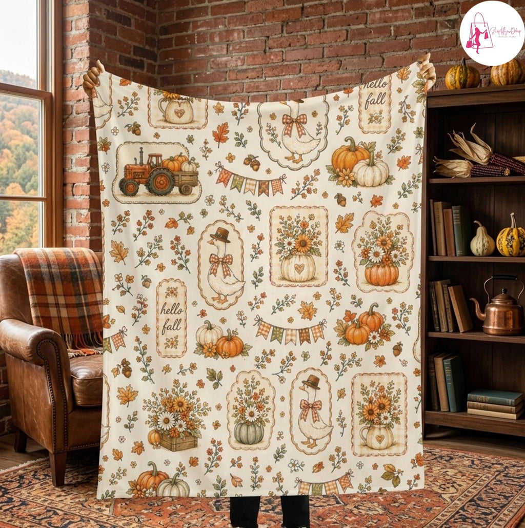 Goose Fall Blanket, Hello Fall Cottagecore Throw Blanket, Vintage Pumpkin Floral Cozy Blanket, Farmhouse Autumn Home Decor Gift