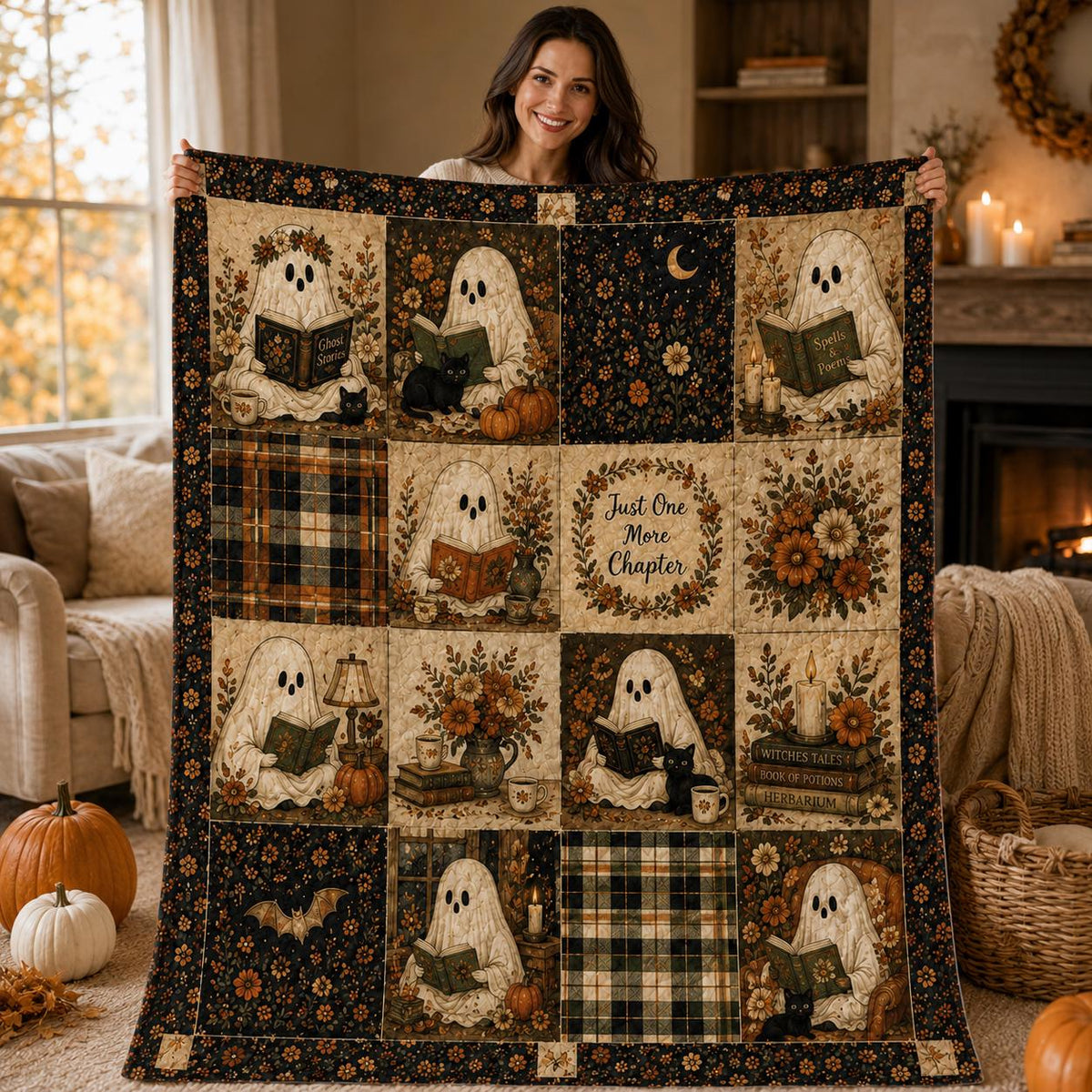 Ghost Blanket Halloween Quilt Blanket, Cute Ghost Throw, Black Cat Bedding, Pumpkin Blanket, Spooky Cozy Fall Decor, Autumn Layering Blanket