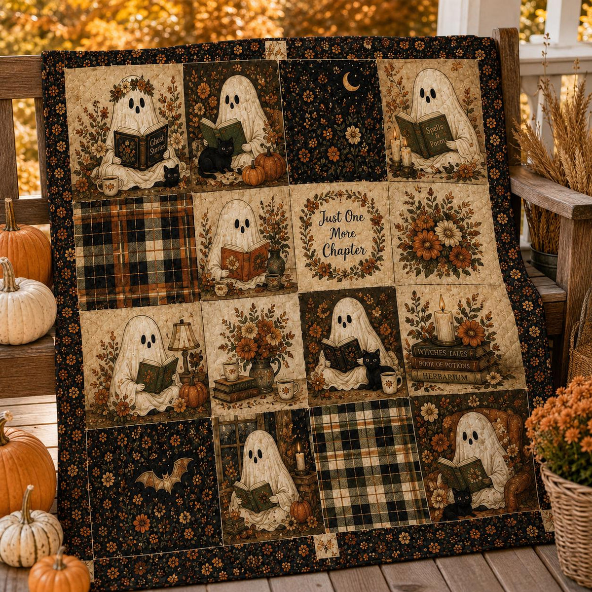 Ghost Blanket Halloween Quilt Blanket, Cute Ghost Throw, Black Cat Bedding, Pumpkin Blanket, Spooky Cozy Fall Decor, Autumn Layering Blanket