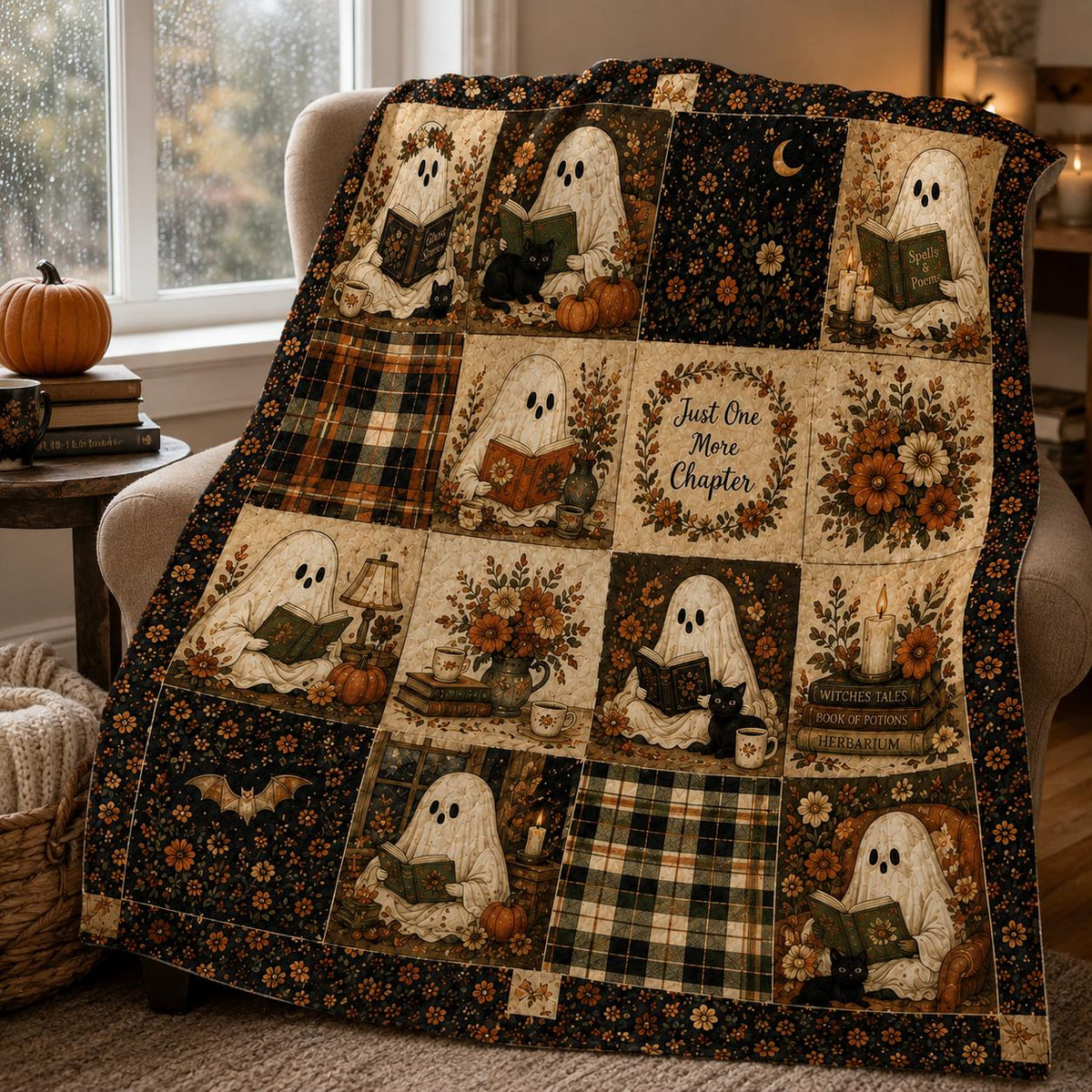 Ghost Blanket Halloween Quilt Blanket, Cute Ghost Throw, Black Cat Bedding, Pumpkin Blanket, Spooky Cozy Fall Decor, Autumn Layering Blanket