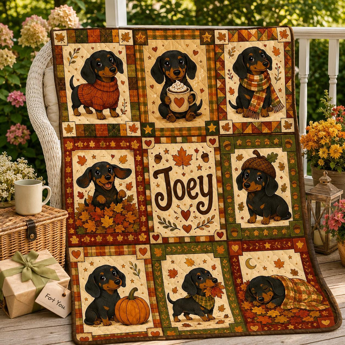 Personalized Dachshund Quilt Blanket, Fall Dog Lover Throw, Autumn Pumpkin Puppy Blanket, Custom Name Pet Memorial Gift