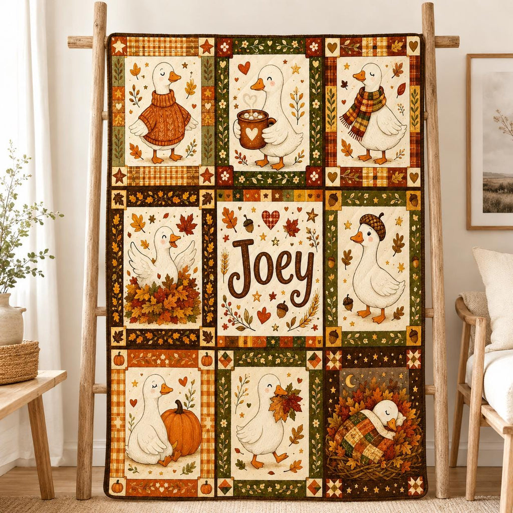 Personalized Fall Goose Quilt Blanket, Autumn Pumpkin Farmhouse Throw, Custom Name Cozy Gift