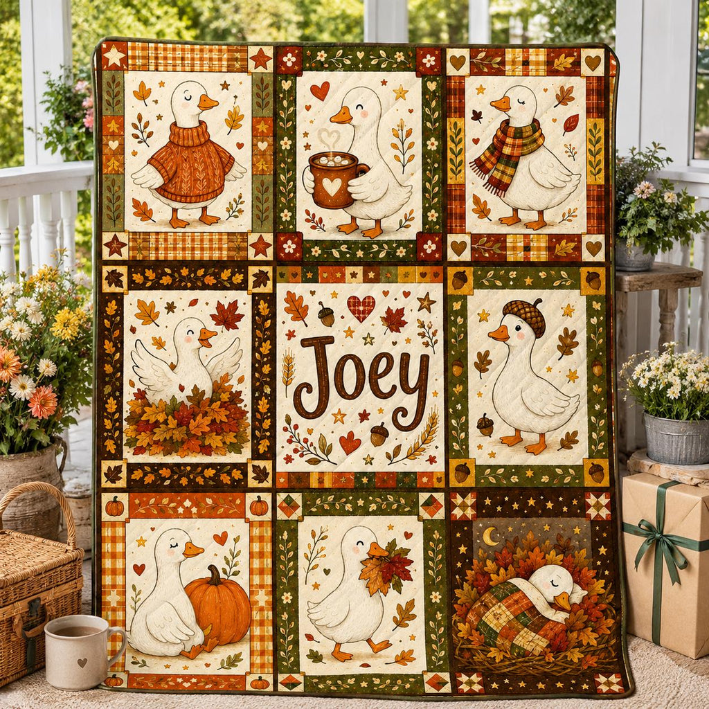 Personalized Fall Goose Quilt Blanket, Autumn Pumpkin Farmhouse Throw, Custom Name Cozy Gift