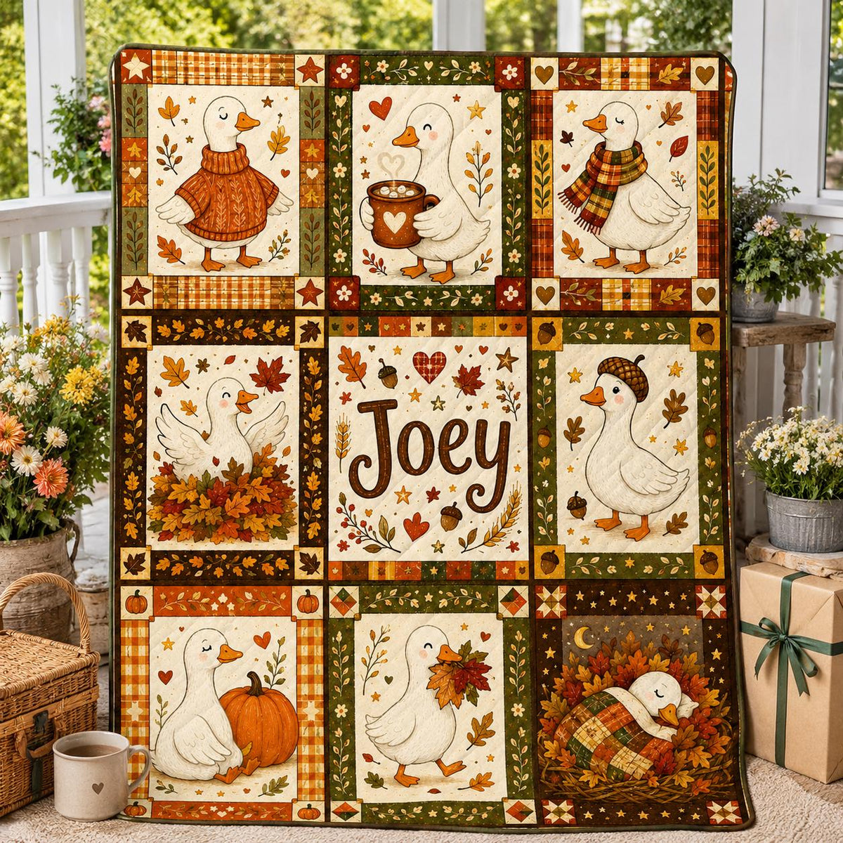 Personalized Fall Goose Quilt Blanket, Autumn Pumpkin Farmhouse Throw, Custom Name Cozy Gift