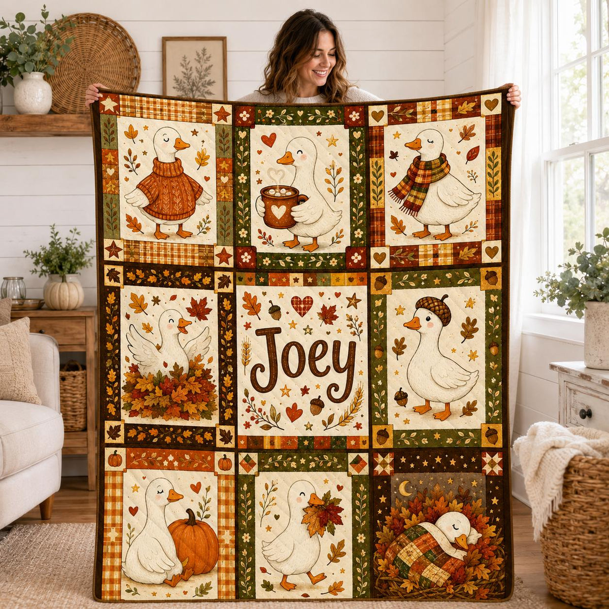 Personalized Fall Goose Quilt Blanket, Autumn Pumpkin Farmhouse Throw, Custom Name Cozy Gift