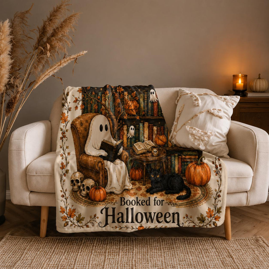 Booked for Halloween, Ghost Reading Blanket, Book Lover Gift, Fall Fleece Throw Blanket, Cozy Reading Blanket, Cute Autumn Home Decor