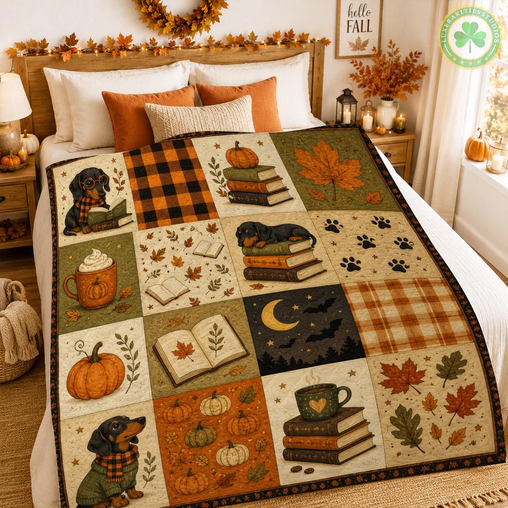 Autumn Dachshund Quilt Blanket, Fall Pumpkin Dog Quilt, Cozy Reading Puppy Blanket, Rustic Farmhouse Bedding