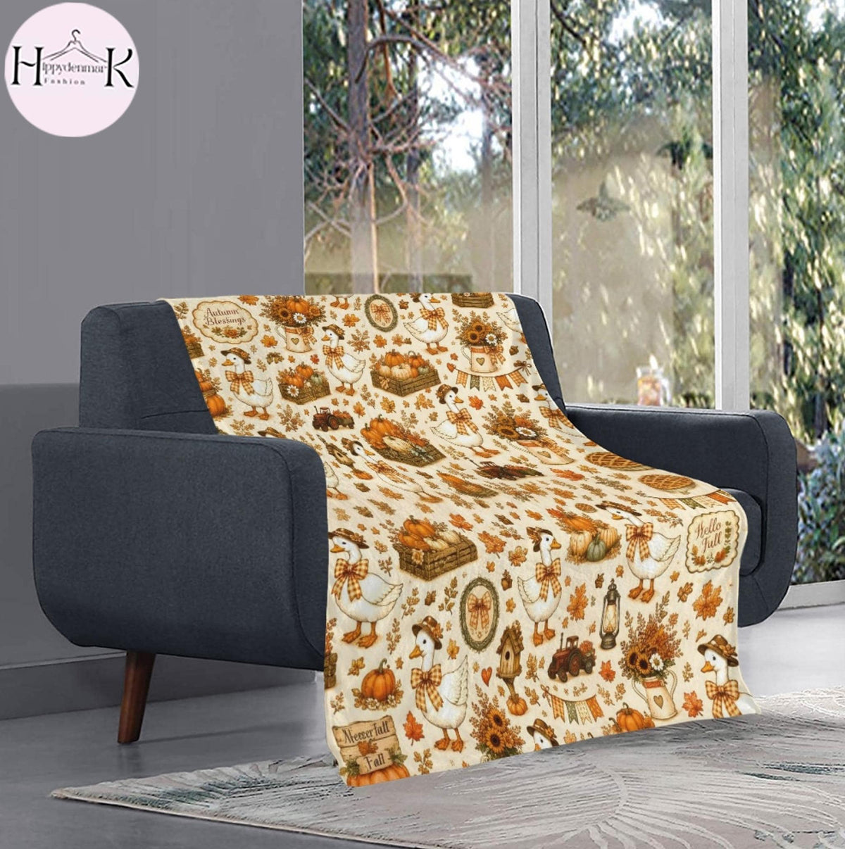 Fall Goose Blanket, Autumn Pumpkin Throw Blanket, Cute Goose Floral Cozy Blanket, Farmhouse Fall Decor, Thanksgiving Gift for Her