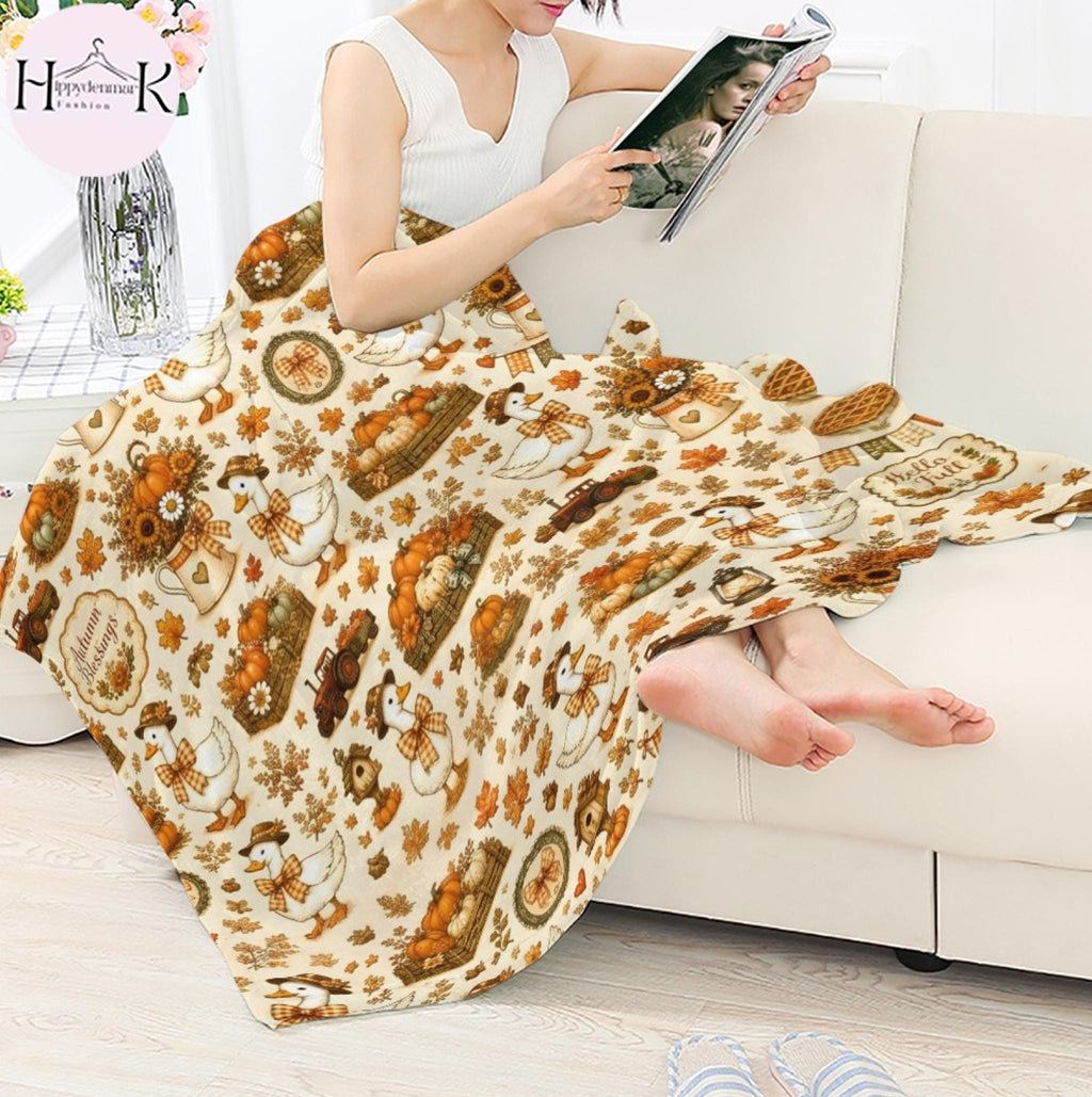 Fall Goose Blanket, Autumn Pumpkin Throw Blanket, Cute Goose Floral Cozy Blanket, Farmhouse Fall Decor, Thanksgiving Gift for Her