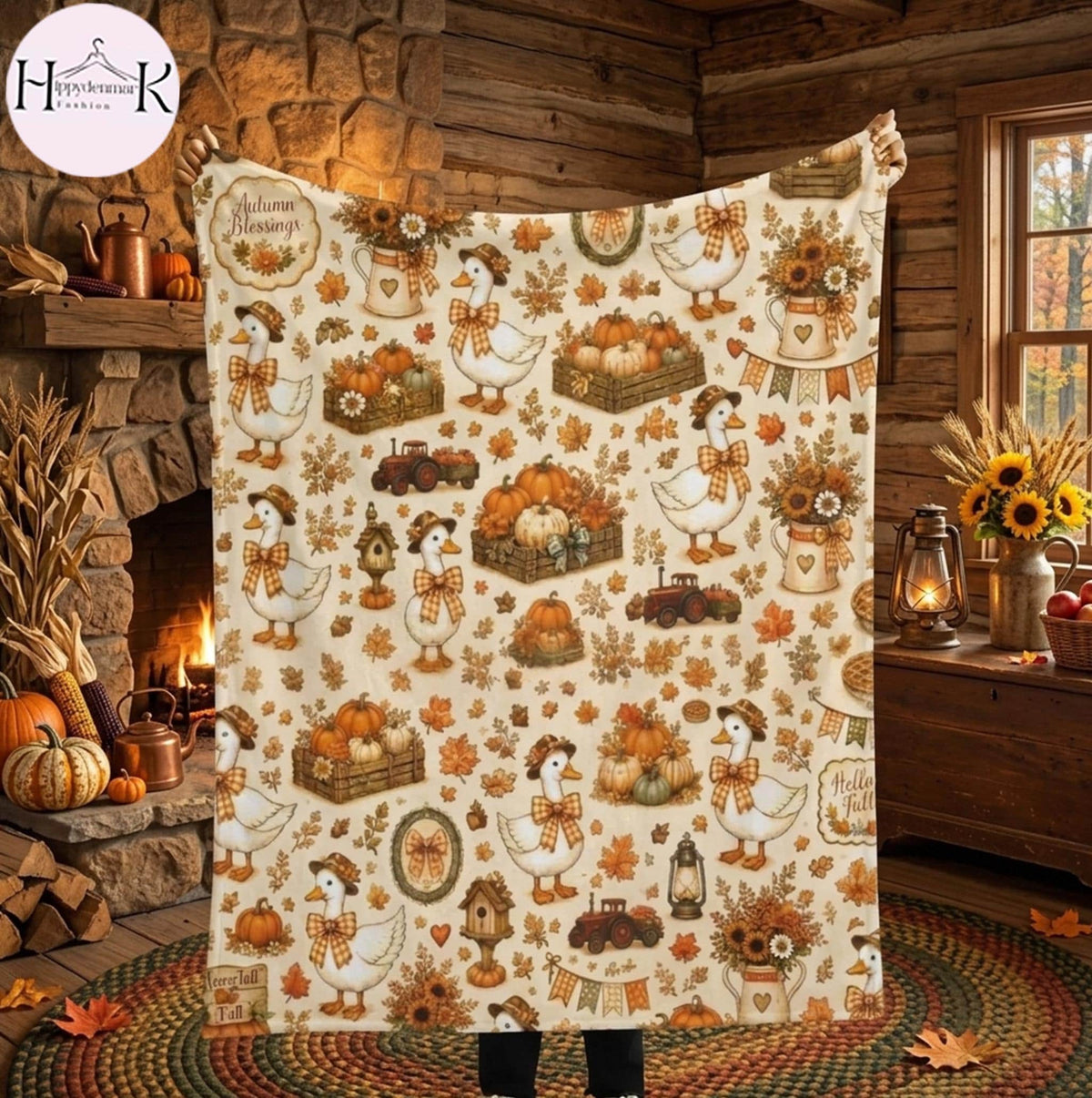 Fall Goose Blanket, Autumn Pumpkin Throw Blanket, Cute Goose Floral Cozy Blanket, Farmhouse Fall Decor, Thanksgiving Gift for Her