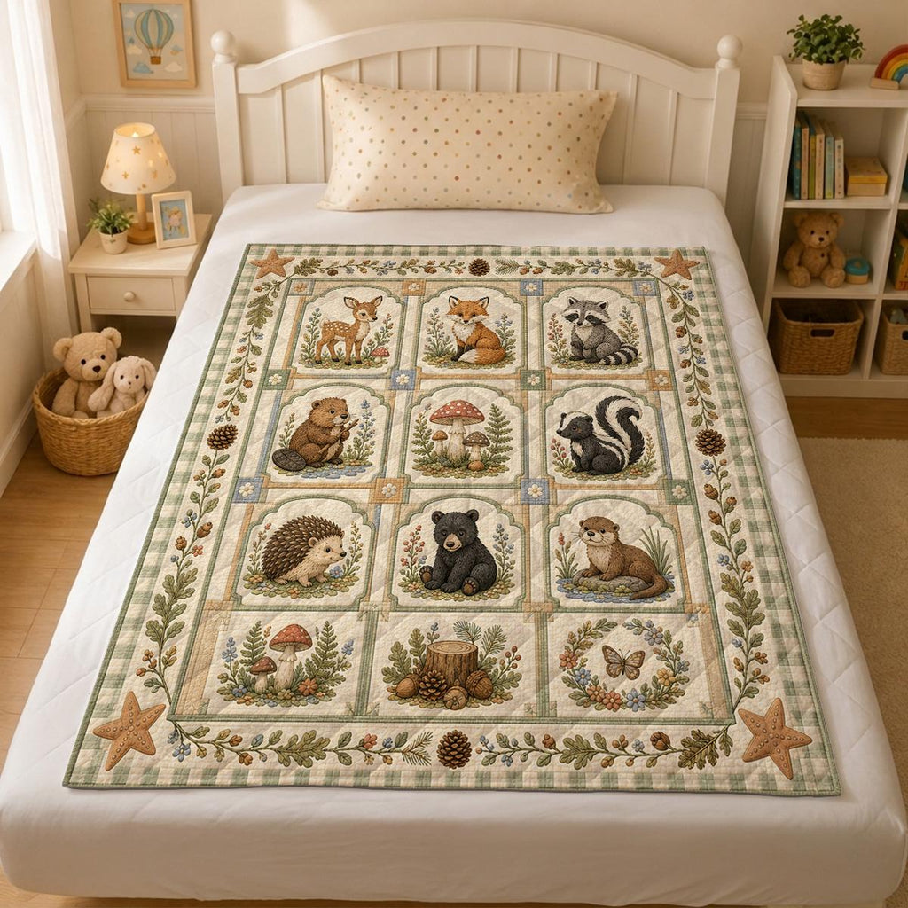 Woodland Animal Quilt, Forest Friends Patchwork Blanket, Cottagecore Nursery Bedding
