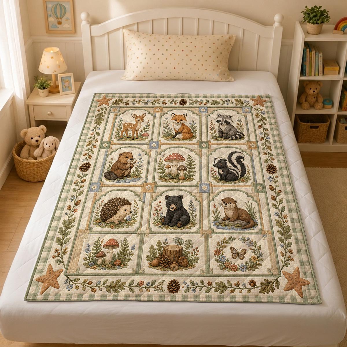 Woodland Animal Quilt, Forest Friends Patchwork Blanket, Cottagecore Nursery Bedding