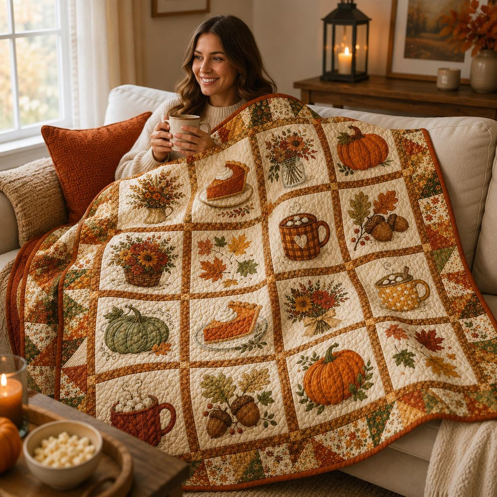 Fall Pumpkin Spice Quilt Blanket, Autumn Coffee and Pie Throw, Rustic Fall Floral Bedding, Cozy Farmhouse Decor, Thanksgiving Gift for Her