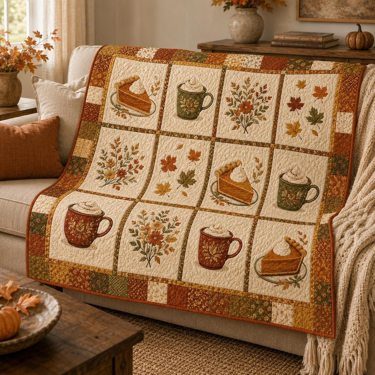 Fall Pumpkin Spice Quilt Blanket, Autumn Coffee and Pie Throw, Rustic Fall Floral Bedding, Cozy Farmhouse Decor, Thanksgiving Gift for Her
