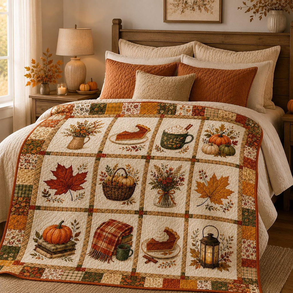 Fall Pumpkin Spice Quilt Blanket, Autumn Coffee and Pie Throw, Rustic Fall Floral Bedding, Cozy Farmhouse Decor, Thanksgiving Gift for Her
