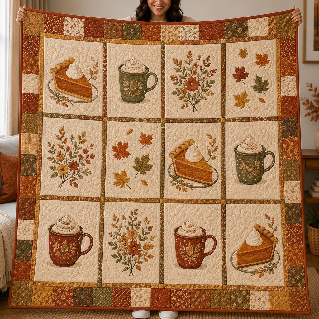 Fall Pumpkin Spice Quilt Blanket, Autumn Coffee and Pie Throw, Rustic Fall Floral Bedding, Cozy Farmhouse Decor, Thanksgiving Gift for Her