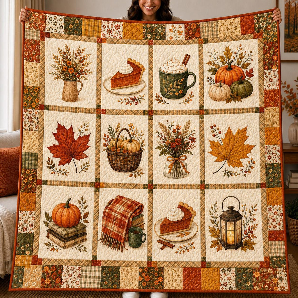 Fall Pumpkin Spice Quilt Blanket, Autumn Coffee and Pie Throw, Rustic Fall Floral Bedding, Cozy Farmhouse Decor, Thanksgiving Gift for Her
