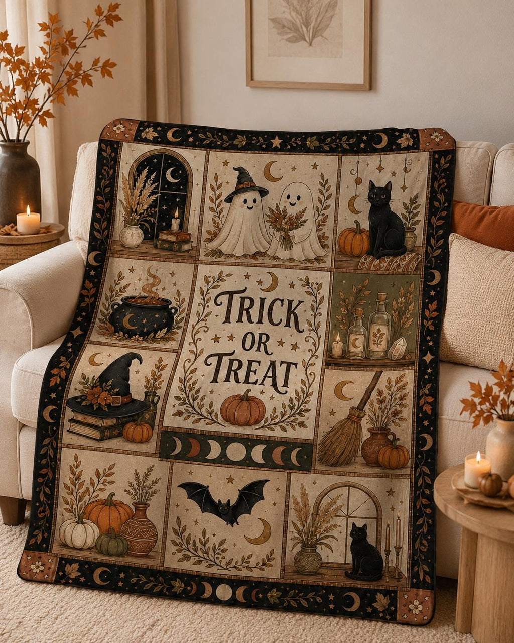 Halloween Ghost Throw Blanket, Cozy Trick or Treat Blanket for Halloween Decor, Witch Cat Pumpkin Fall Gift, Gothic Home Decor