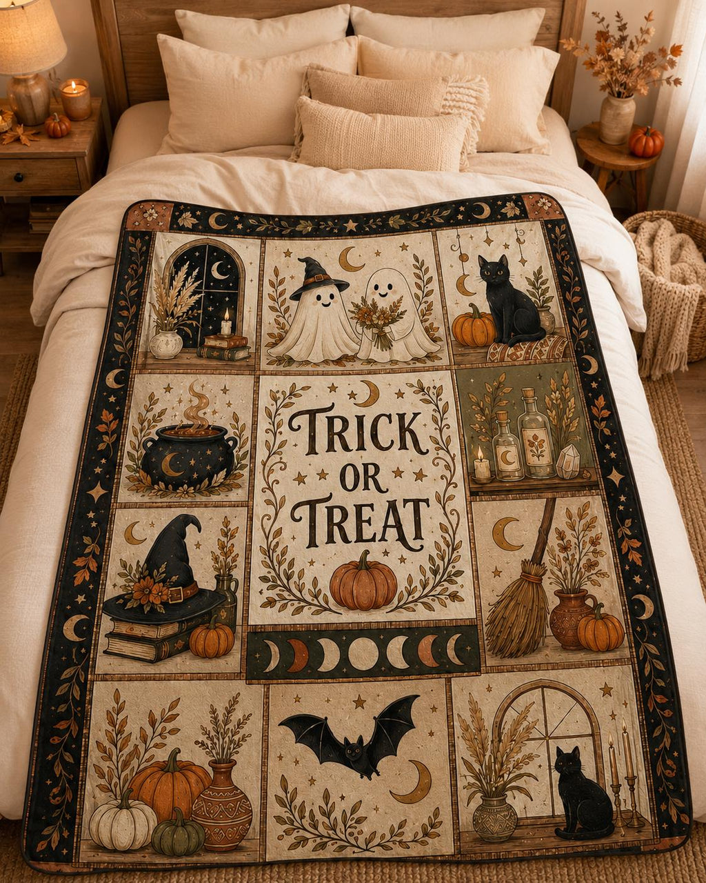 Halloween Ghost Throw Blanket, Cozy Trick or Treat Blanket for Halloween Decor, Witch Cat Pumpkin Fall Gift, Gothic Home Decor