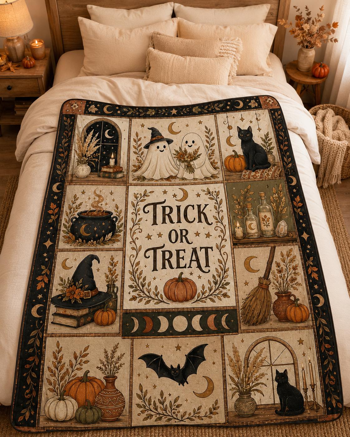 Halloween Ghost Throw Blanket, Cozy Trick or Treat Blanket for Halloween Decor, Witch Cat Pumpkin Fall Gift, Gothic Home Decor