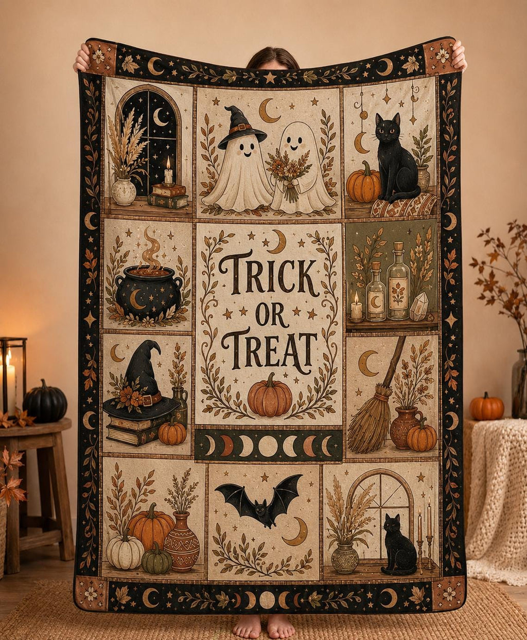 Halloween Ghost Throw Blanket, Cozy Trick or Treat Blanket for Halloween Decor, Witch Cat Pumpkin Fall Gift, Gothic Home Decor
