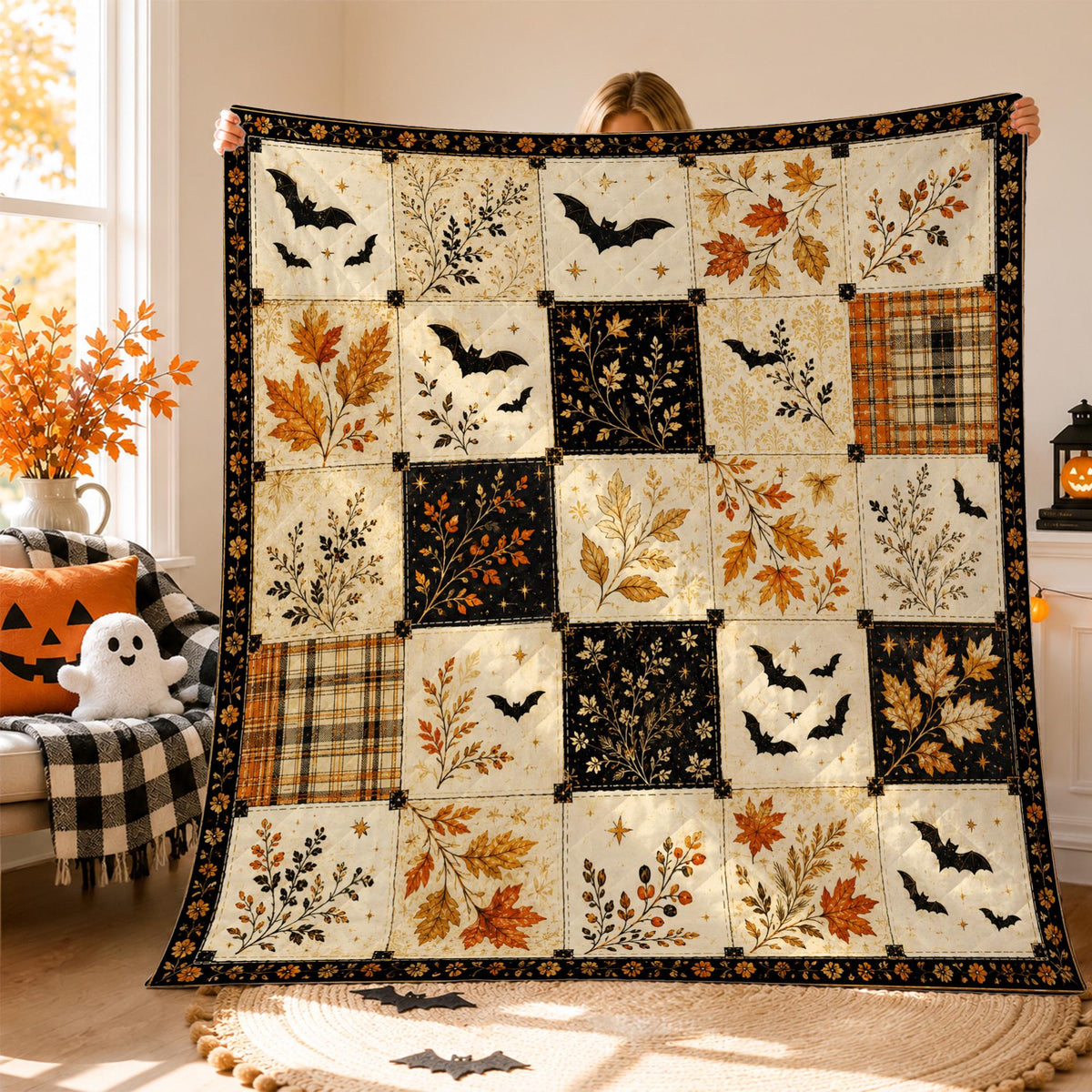 Halloween Patchwork Quilt Blanket, Autumn Bats & Leaves Throw, Cozy Fall Cottagecore Blanket, Rustic Harvest Halloween Decor Gift