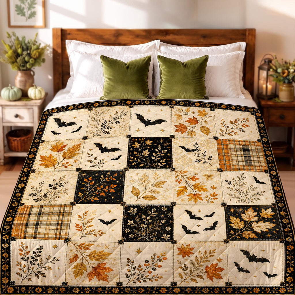 Halloween Patchwork Quilt Blanket, Autumn Bats & Leaves Throw, Cozy Fall Cottagecore Blanket, Rustic Harvest Halloween Decor Gift