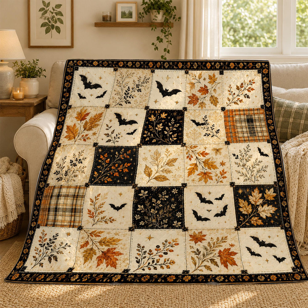 Halloween Patchwork Quilt Blanket, Autumn Bats & Leaves Throw, Cozy Fall Cottagecore Blanket, Rustic Harvest Halloween Decor Gift