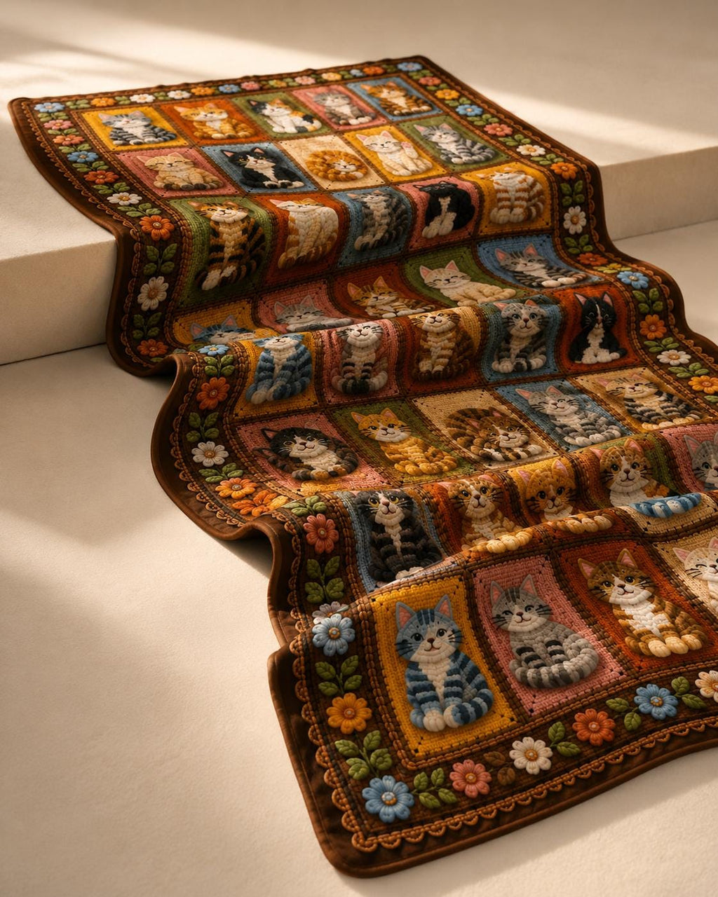 Printed Cat Patchwork Plush Throw Blanket — Crochet-Inspired Design