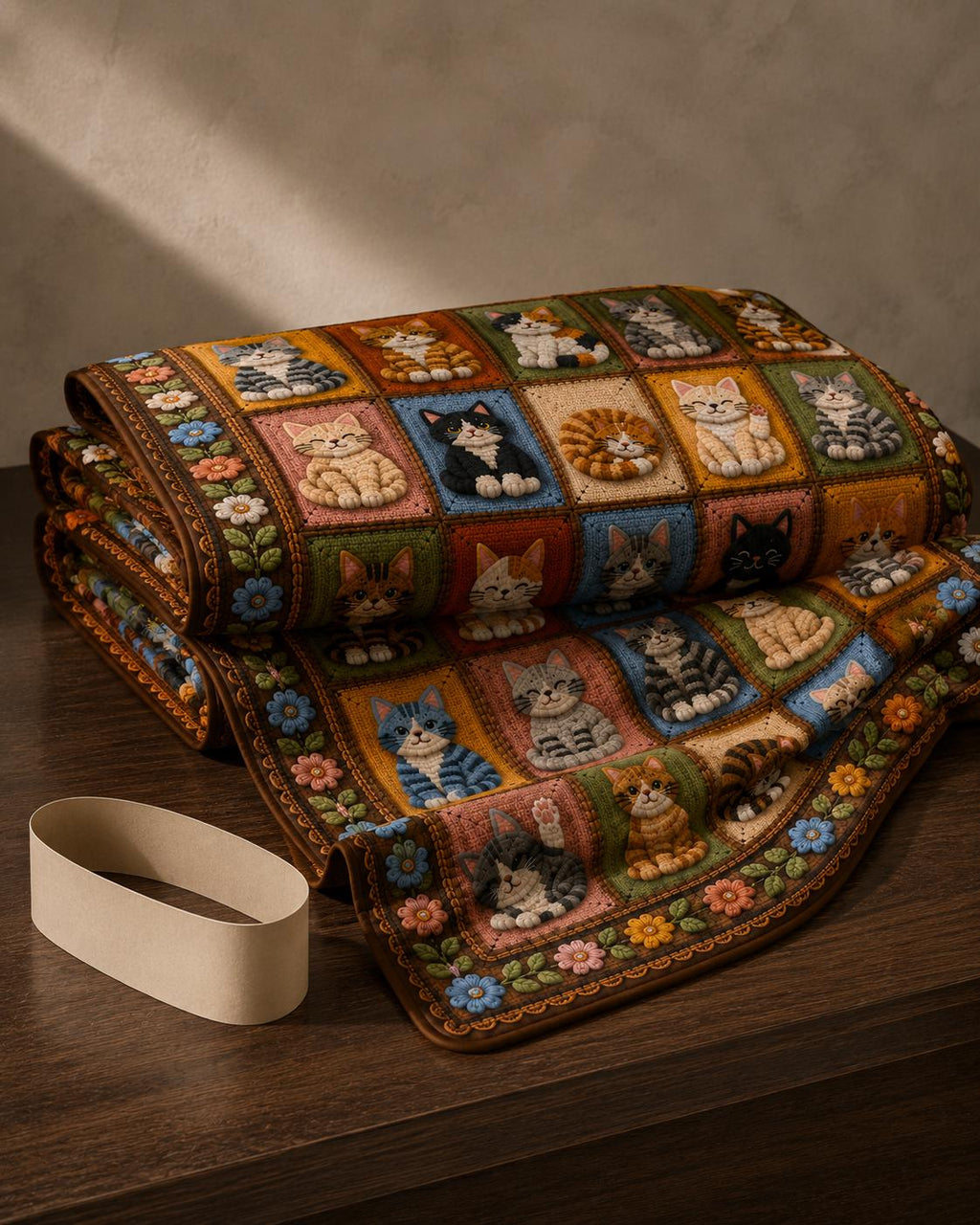 Printed Cat Patchwork Plush Throw Blanket — Crochet-Inspired Design