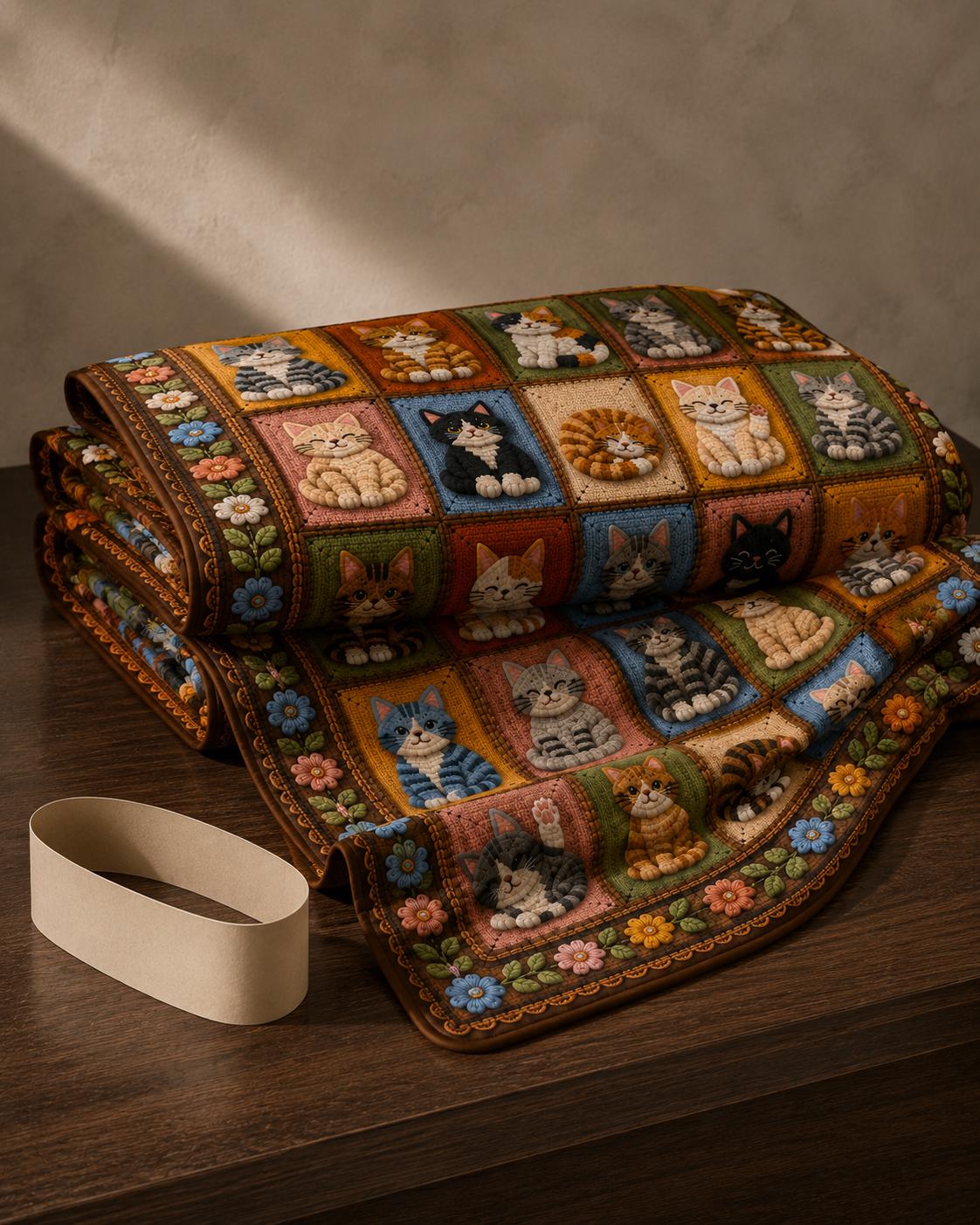 Printed Cat Patchwork Plush Throw Blanket — Crochet-Inspired Design