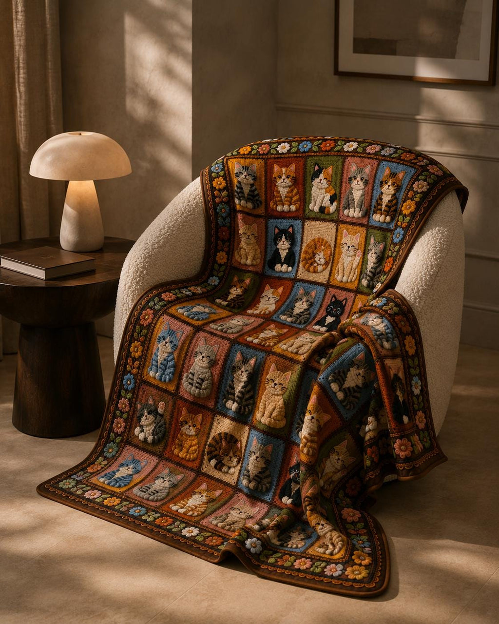 Printed Cat Patchwork Plush Throw Blanket — Crochet-Inspired Design
