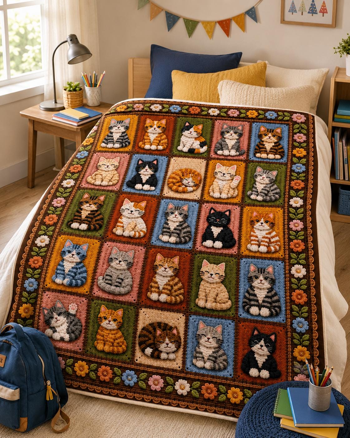 Printed Cat Patchwork Plush Throw Blanket — Crochet-Inspired Design