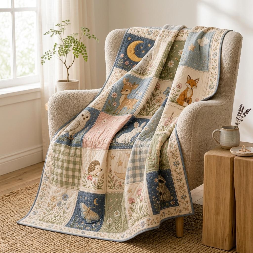 Woodland Animals Quilt Blanket, Cute Forest Creature Patchwork Blanket, Bunny Deer Fox Nursery Bedding, Cottagecore Floral Throw, Baby Gift