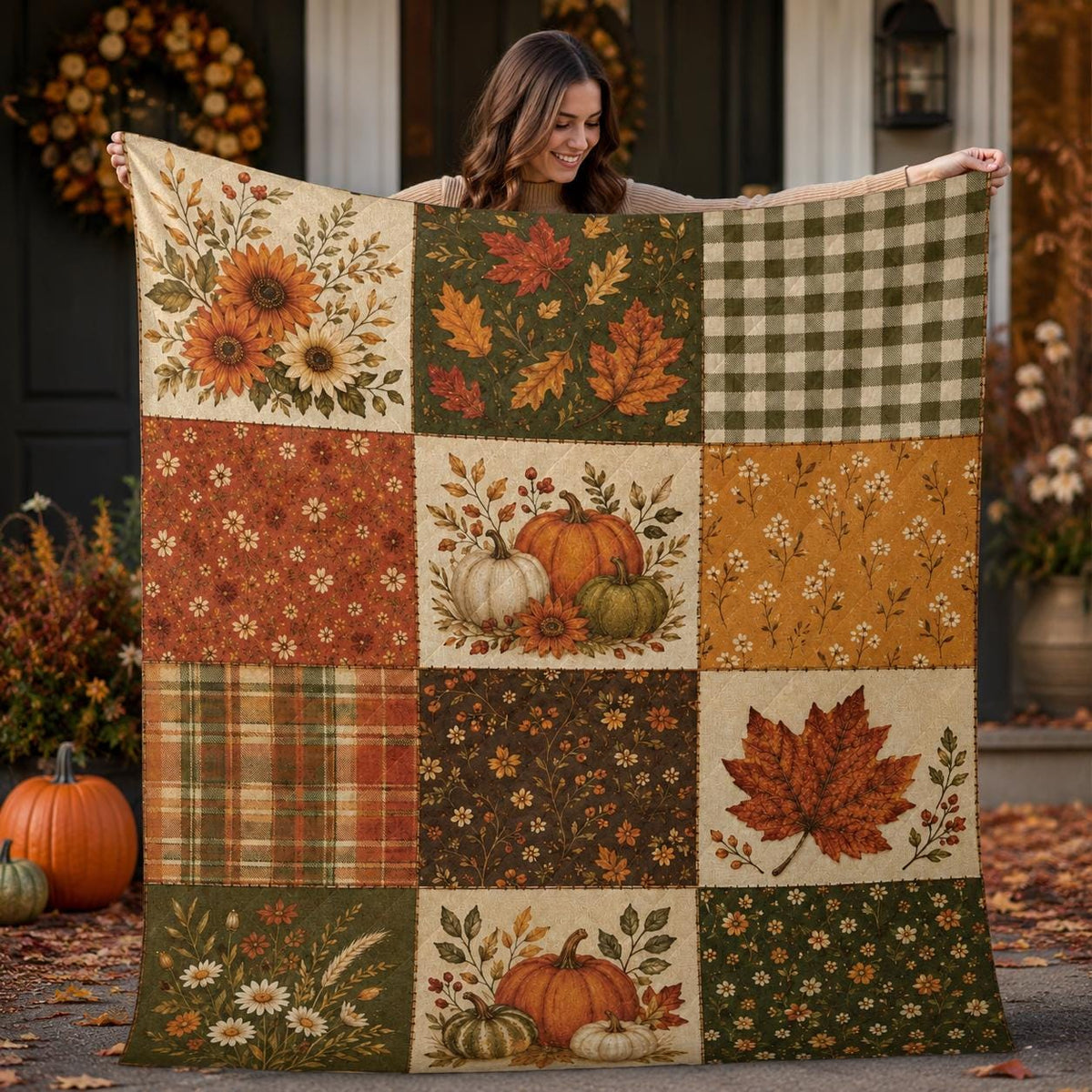 Autumn Quilt Blanket, Pumpkin Fall Throw Blanket, Vintage Farmhouse Quilt Blanket, Fall Season Blanket, Rustic Thanksgiving Home Decor Gift