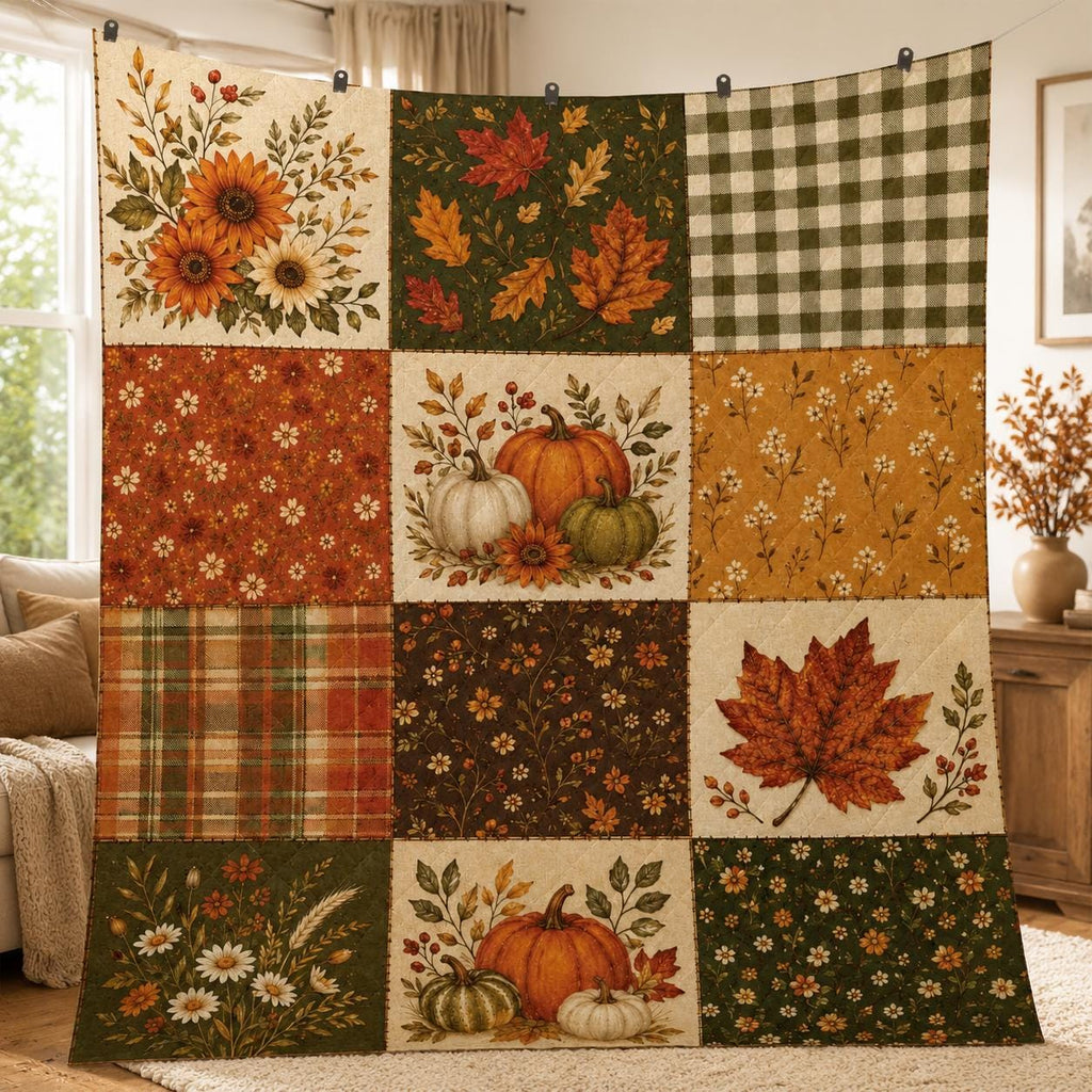 Autumn Quilt Blanket, Pumpkin Fall Throw Blanket, Vintage Farmhouse Quilt Blanket, Fall Season Blanket, Rustic Thanksgiving Home Decor Gift