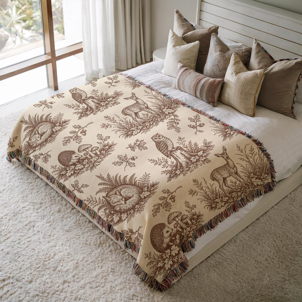 Woodland Toile Woven Blanket, Forest Animal Throw with Fringe, Cottagecore Cabin Decor