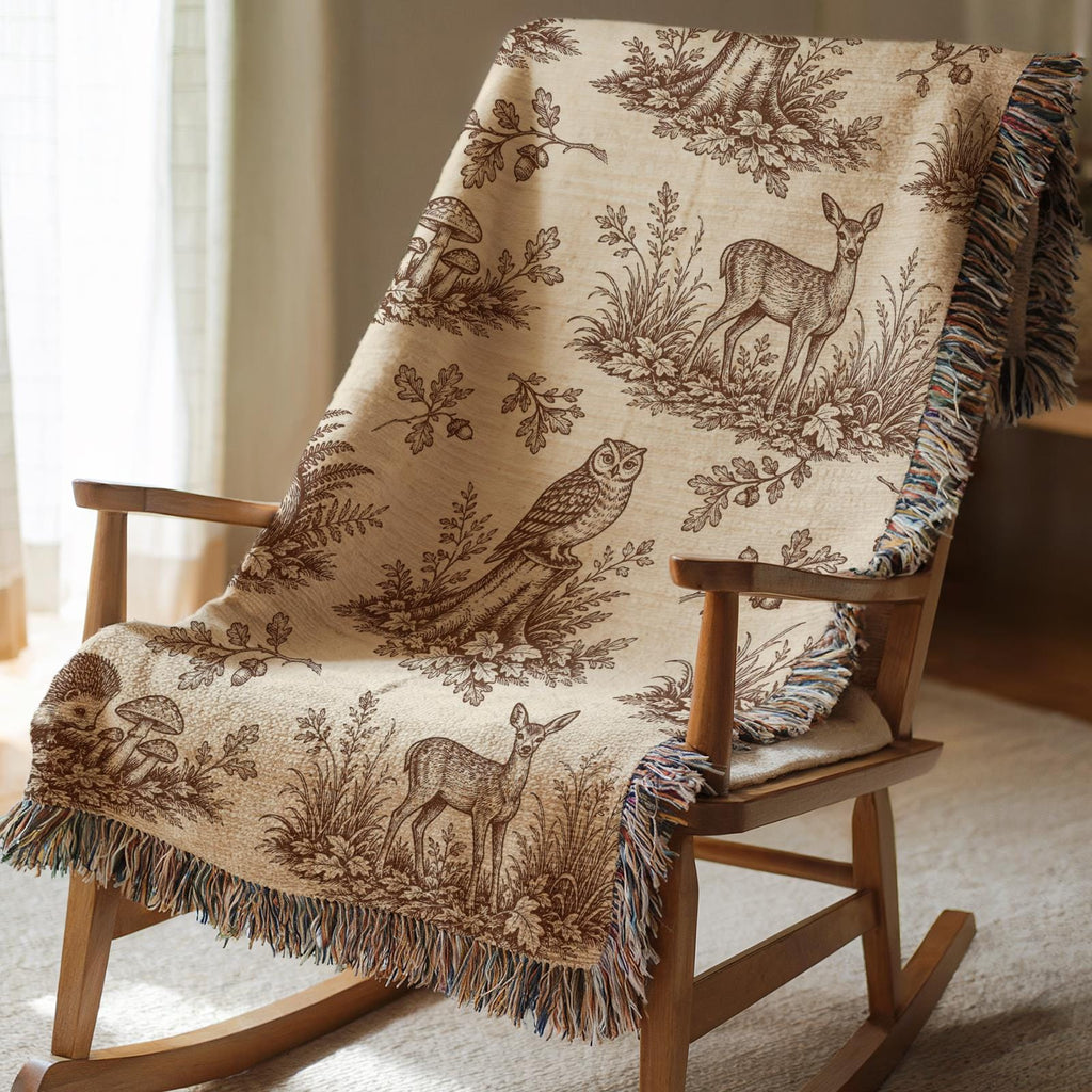 Woodland Toile Woven Blanket, Forest Animal Throw with Fringe, Cottagecore Cabin Decor