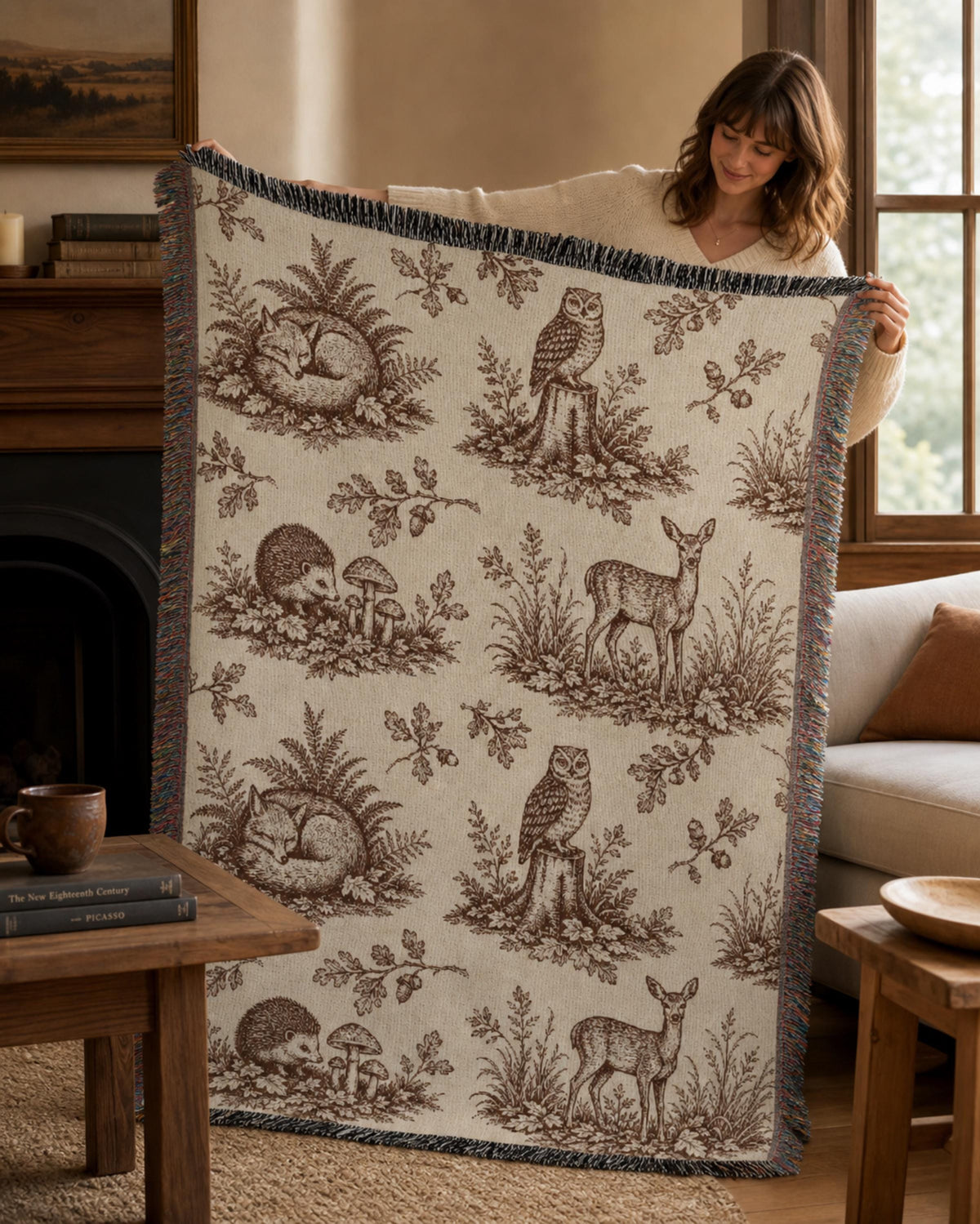 Woodland Toile Woven Blanket, Forest Animal Throw with Fringe, Cottagecore Cabin Decor