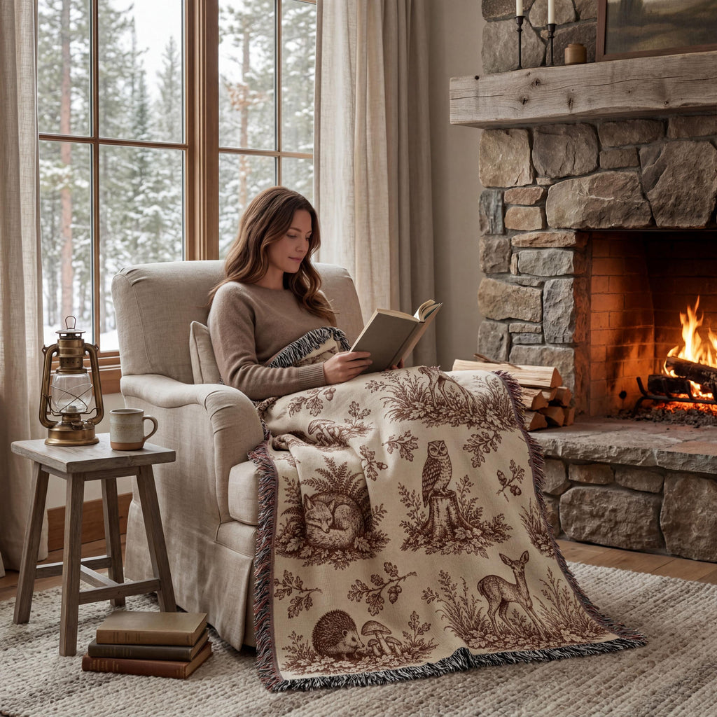 Woodland Toile Woven Blanket, Forest Animal Throw with Fringe, Cottagecore Cabin Decor