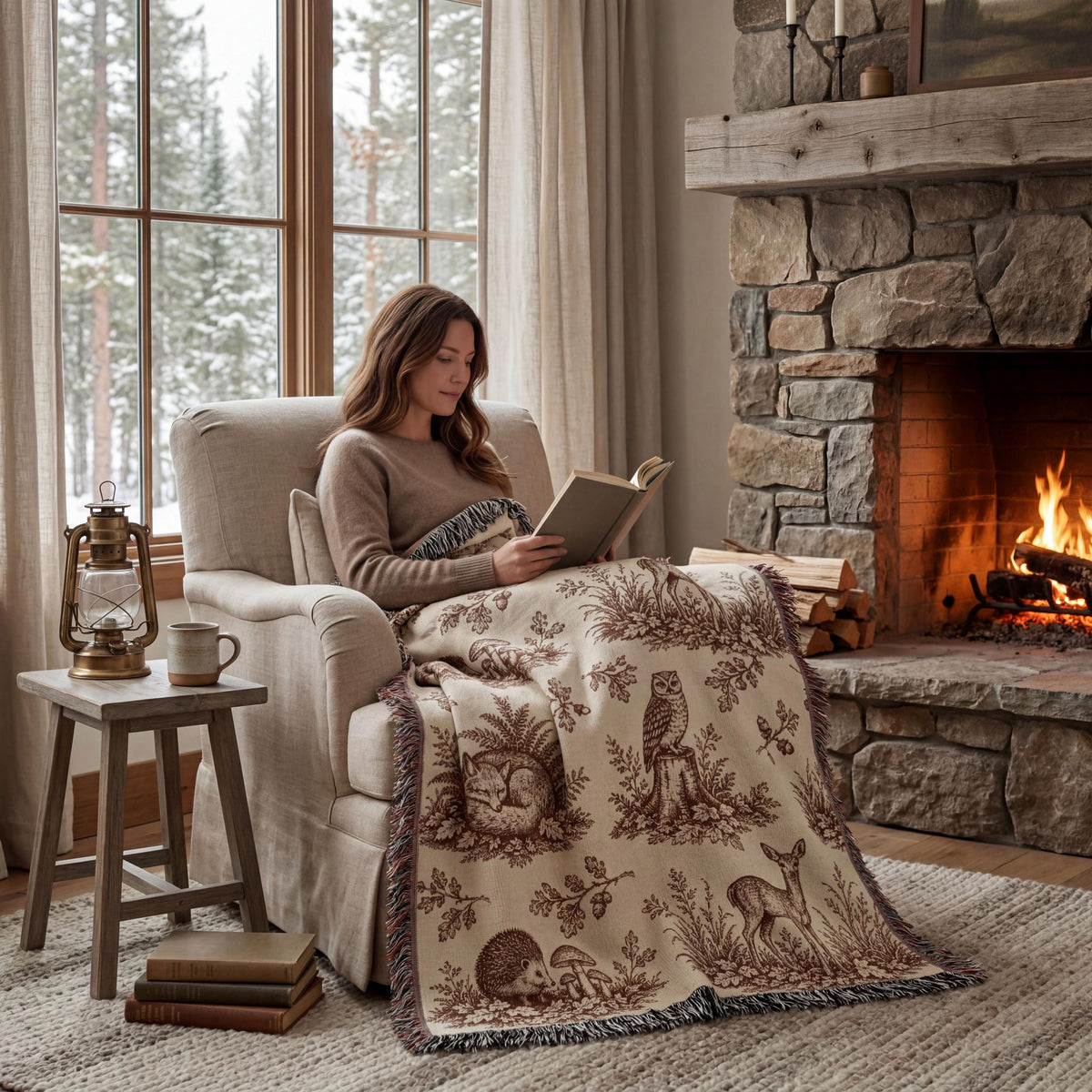Woodland Toile Woven Blanket, Forest Animal Throw with Fringe, Cottagecore Cabin Decor