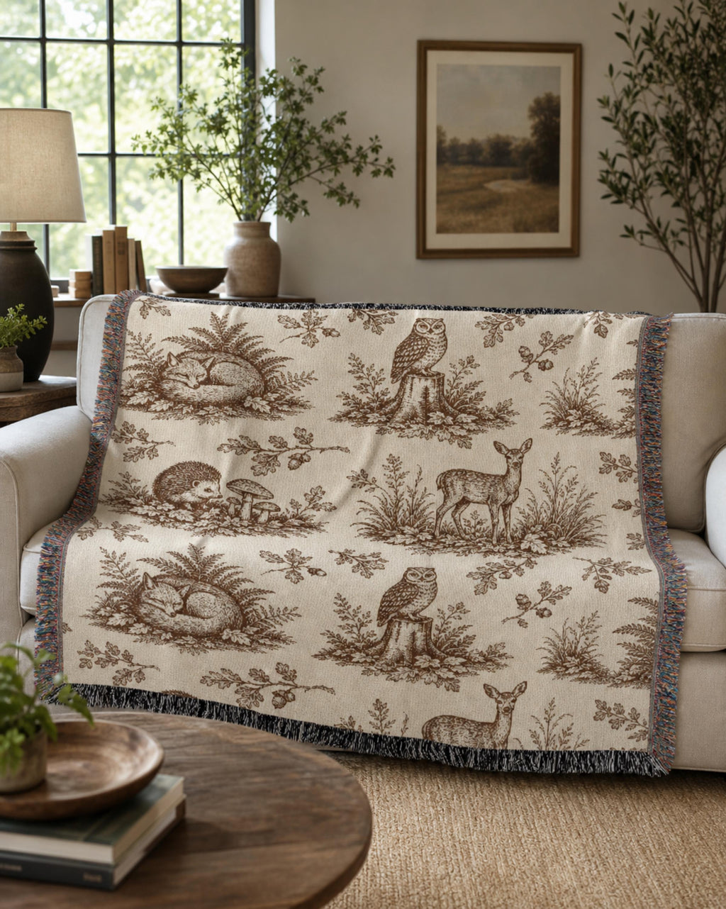 Woodland Toile Woven Blanket, Forest Animal Throw with Fringe, Cottagecore Cabin Decor